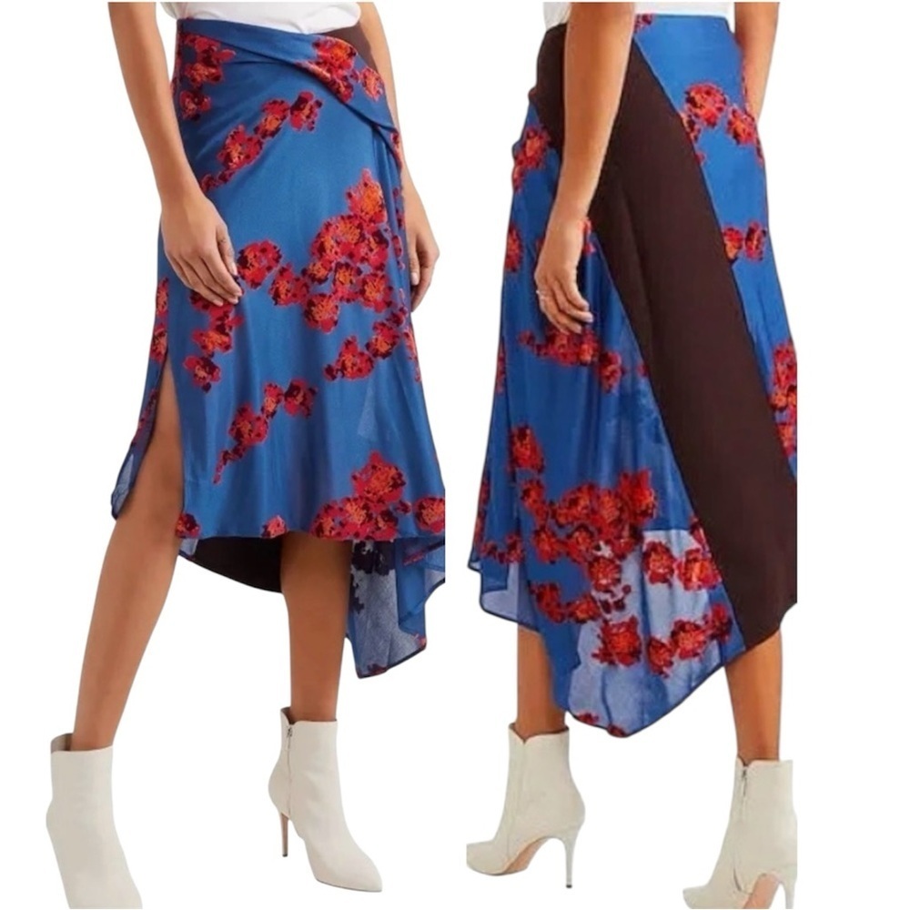 Rare Atlein Asymmetrical Boho Whimsical Bold Floral Skirt Red & Blue Size 34